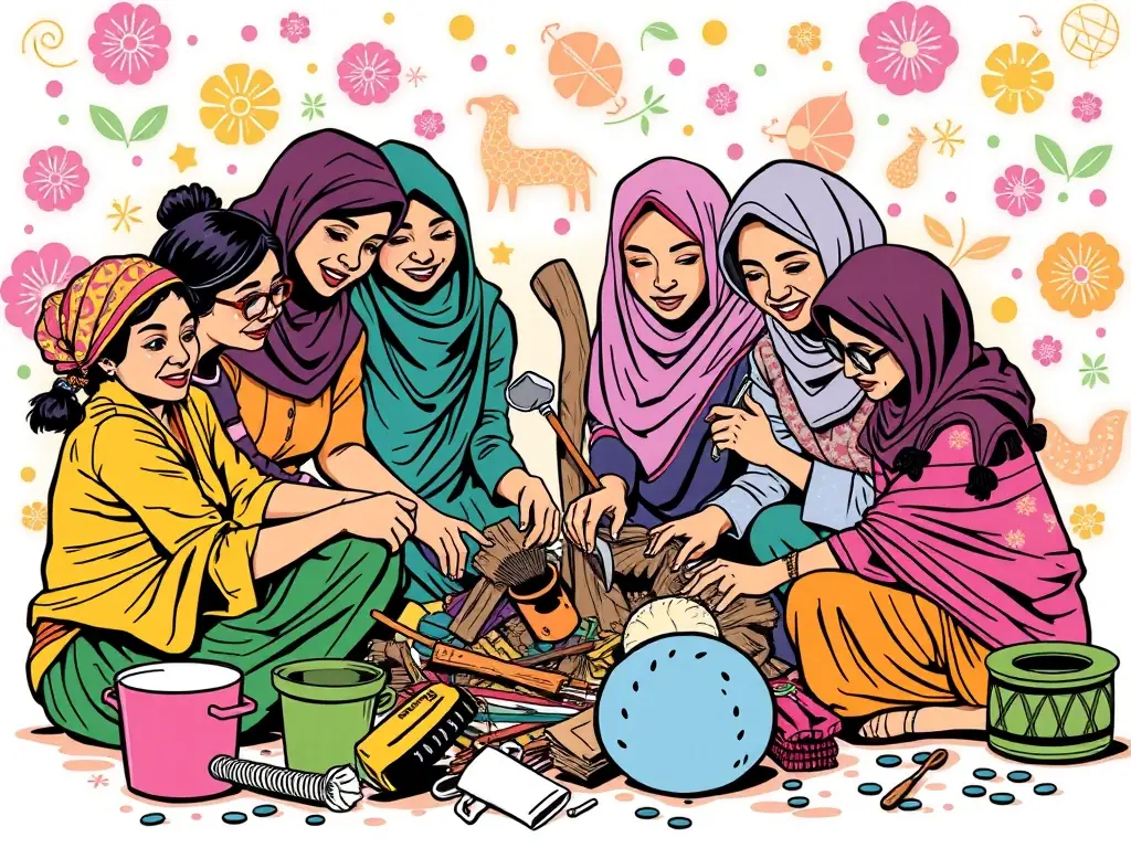 A vibrant photograph showcasing a group of women collaborating on a community project in Fatima, highlighting the spirit of unity and innovation.