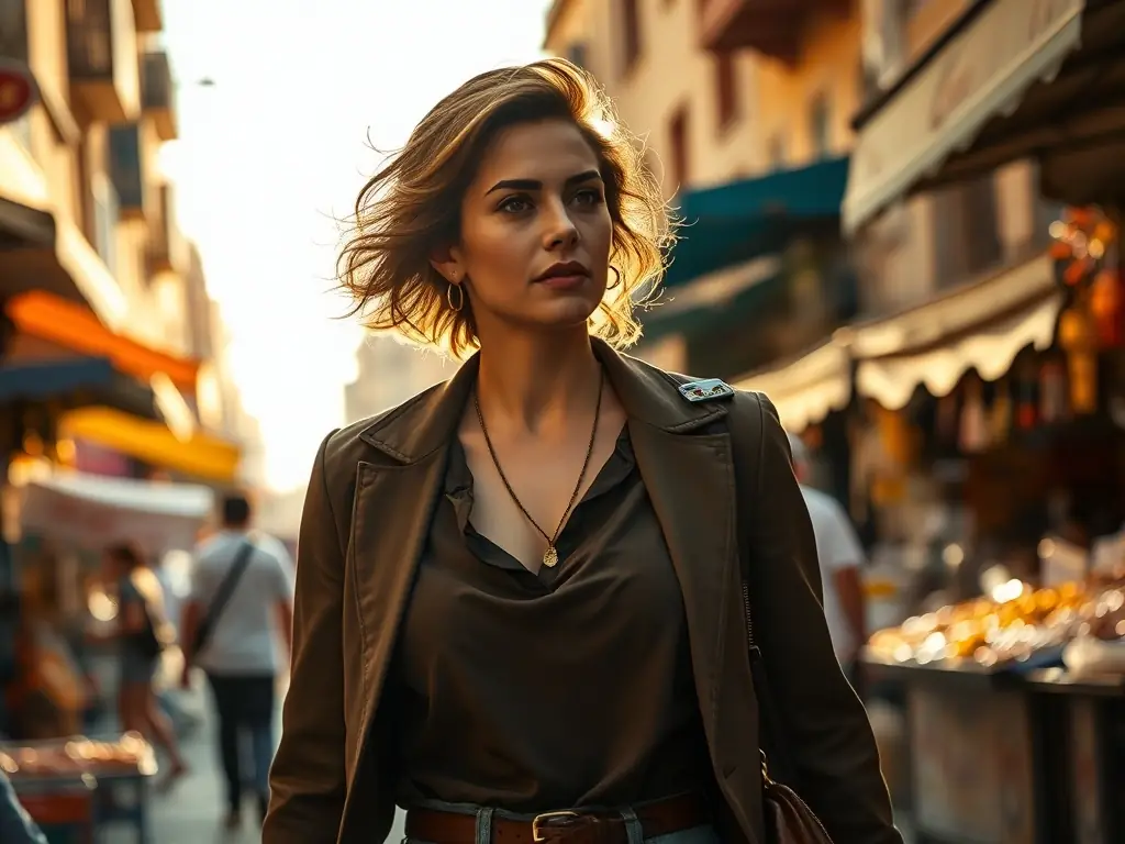 A captivating image of a woman confidently striding through the bustling streets of Fatima, symbolizing empowerment and resilience.